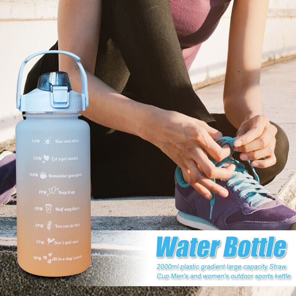 2L Sports Water Bottle Large Capacity Straw Time Motivational Cup Fitness Jugs
