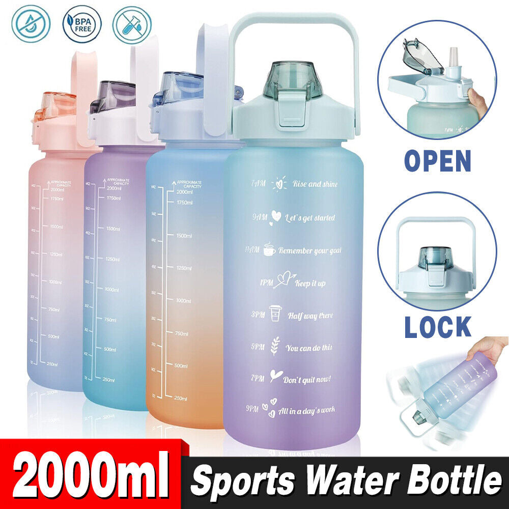 2L Sports Water Bottle Large Capacity Straw Time Motivational Cup Fitness Jugs