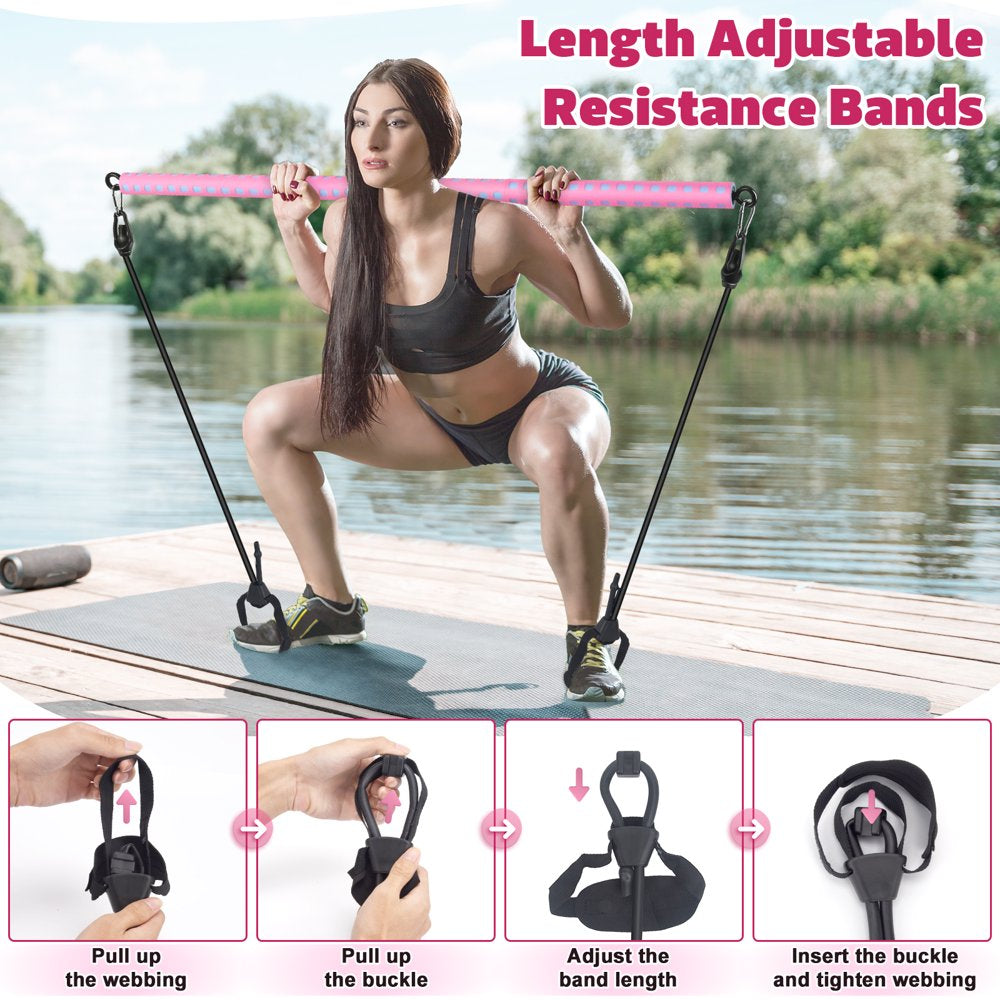 Adjustable Pilates Bar Kit with 4 Resistance Bands, Portable Pilates Bar Stick for Home Workout, Adjustable Pilate Bar for Gym Fitness