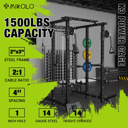 Power Rack Cage, 1500LBS Weight Cage with 800LB Capacity Adjustable Weight Bench, Multi-Function Workout Rack Cage with Storage System, J-Hook, Band Peg, Battle Rope Ring Home Gym